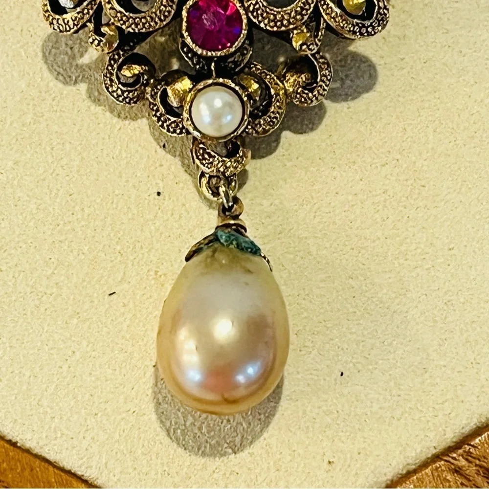 Vintage Gold Tone and Turquoise Brooch with Pearl Drop